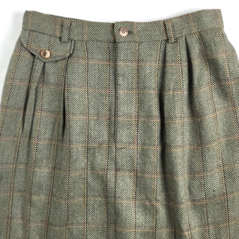 Vintage 80s Talbots Wool Blend Olive Green Plaid Tweed Pleated Pencil Midi Skirt - Picture 3 of 16